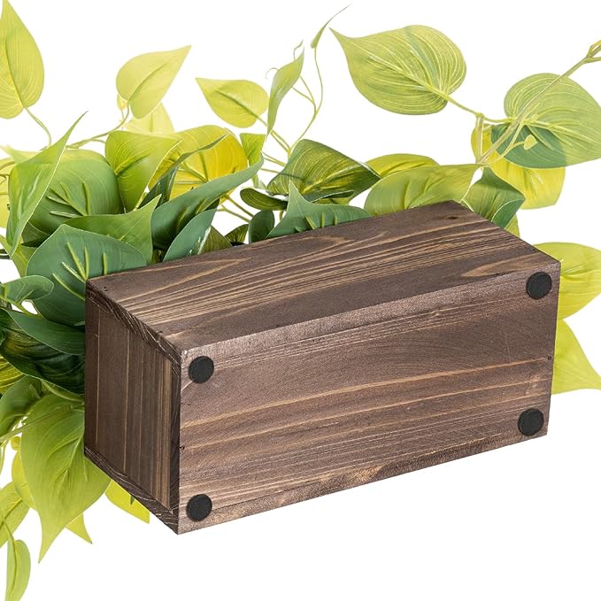 MyGift Vibrant Lifelike Artificial Plant Pothos Leafy Vine Greenery in Burnt Brown Solid Wood Rectangular Planter Box with Black Metal Wire Wall Mounted Shelf