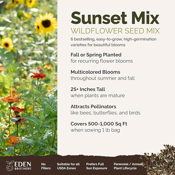 Eden Brothers Sunset Flower Mixed Seeds for Planting, 1 lb, 480,000+ Seeds with Cosmos, Zinnia, Sunflower, Corn Marigold | Attracts Pollinators, Plant in Spring or Fall, Zones 3, 4, 5, 6, 7, 8, 9, 10