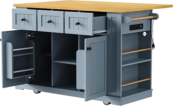 Merax 53" Upgraded Kitchen Cart Island with 2 Bar Stools on Wheels with Power Outlet,Drop Leaf,3 Drawers and 5 Open Side Racks,Wood Rolling Storage Cabinet