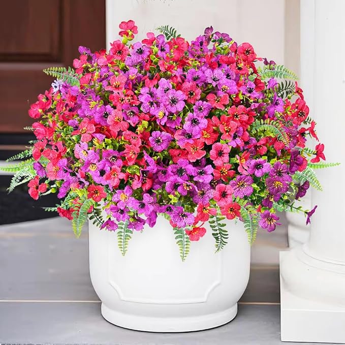 Artificial Faux Plants Flowers Outdoor Decoration,16 Bundles Fake Silk Colorful Daisy Eucalyptus Realistic UV Resistant for Outside Home Planter Porch Patio Yard Decor (Purple Red)