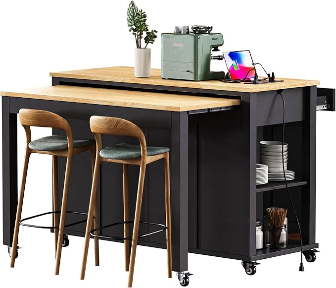 Merax Rolling Kitchen Island on Wheels with Extendable Dining Table & Power Outlet, Wood Kitchen Cart on Wheels with Internal Storage Rack,2 Drawers & 2 Cabinets, 47" Wide Black