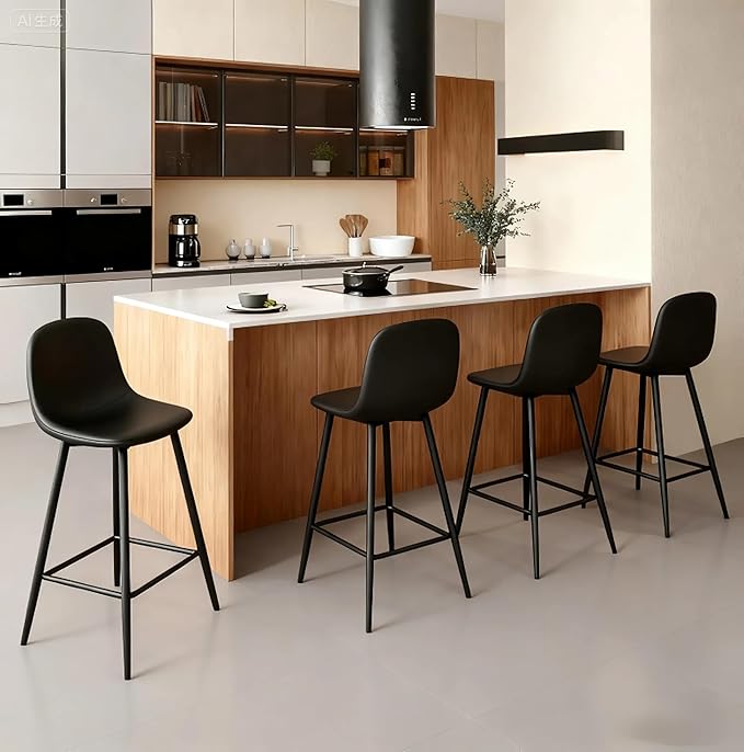 Black Bar Stools Set of 4,Faux Leather Counter Height Bar Stools,24.6" Bar Chairs with Back Metal Footrest,Modern Counter Stool with Back and Footrest for Kitchen Island Restaurants Pubs
