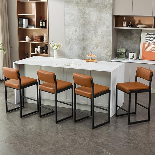 Mid Century Modern Counter Height Bar Stools Set of 3, 26" Bar Height Chairs with Backs, Upholstered Counter Stools, Metal Barstools for Kitchen Island (Brown- Faux Leather, 26"H - Set of 4)