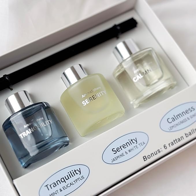 Reed Diffuser Set of 3, Eucalyptus Jasmine Lemongrass Aromatherapy Fragrance Oil | 12 Black Reed Sticks and 6 Rattan Balls, 3 x 50ML | Home, Office, Bathroom, Bedroom Essentials | AromaSphere