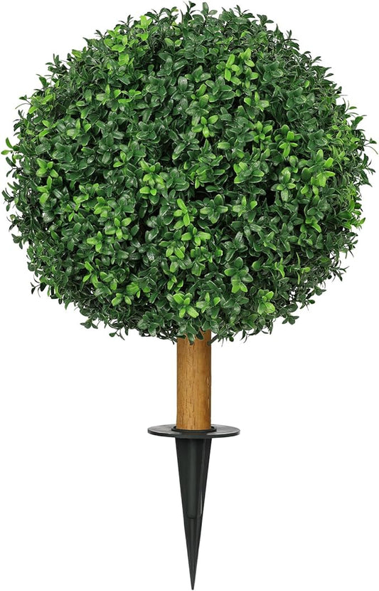 25.6'' Faux Outdoor Plants with Spike, 1PCS UV Resistant Artificial Boxwood Balls Topiary Tree Outdoor, Realistic Fake Plants Outside for Balcony Yard Garden Porch Entryway Front Door Decor