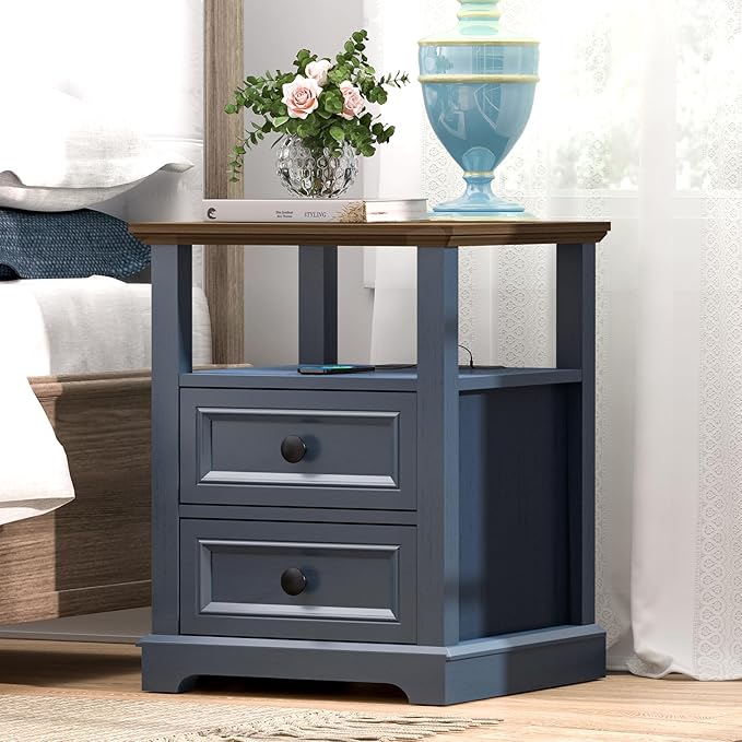 18" Wide End Table with Fast Charging Station Set of 2, 18” Wide Sofa Side Table with Drawers,End Table with Drawers for Living Room,Blue