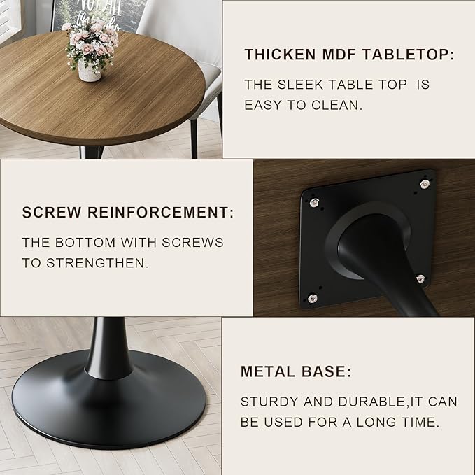 24" Small Tulip Table for 2 Person, Walnut Wood Round Dining Table for Kitchen, Mid Century Modern Table with Metal Pedestal Base for Cafe, Pub, Bar, Living Room, Bar, 24 inch Circle Bistro Tables