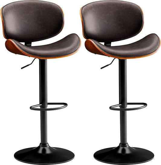 Bar Stools Set of 2 Adjustable Swivel Bentwood Barstools PU Leather Modern Bar Chairs with Back & Footrest for Bar, Kitchen Island, Dining Room (Brown, Set of 2)