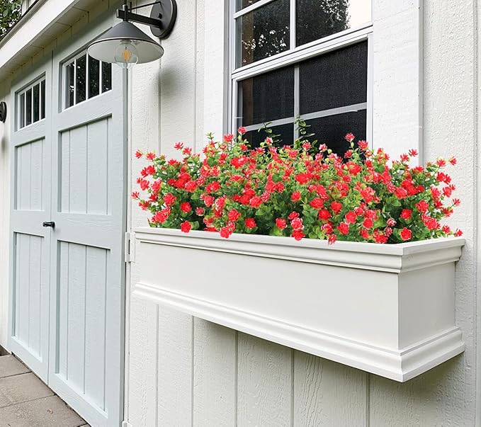 Outdoor Artificial Plant UV Resistant Fake Stems Plants, Faux Plastic Greenery for Indoor Outside Hanging Plants Garden Porch Window Box Home Wedding Farmhouse Outdoor Decorations for Patio (Red)