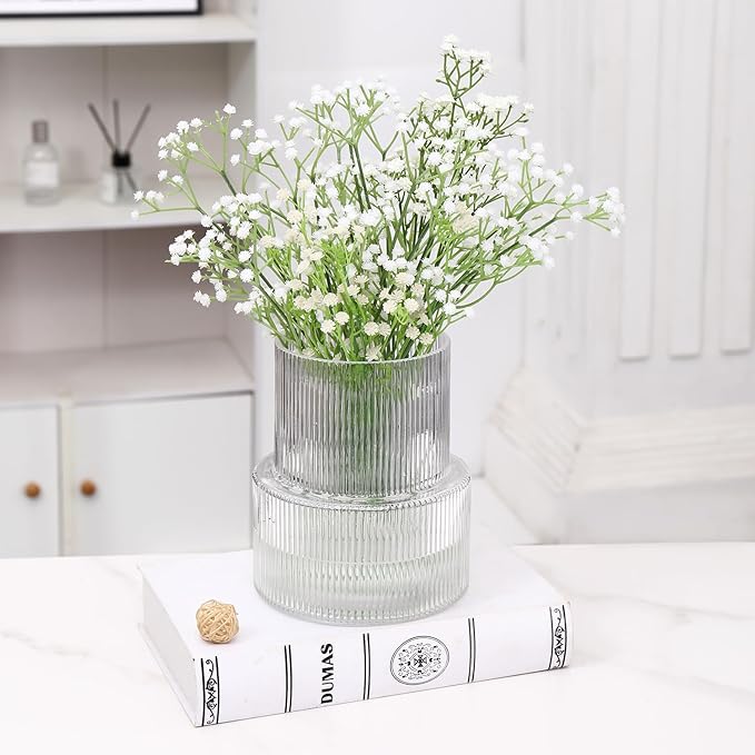 Ribbed Glass Vase, Flower Vase, Fluted Clear Vases for Flowers, Modern Vases for Living Room, Dining Table, Entryway, Shelf, Wedding, Office, Coffee Table, Birthday, 7.5 Inches