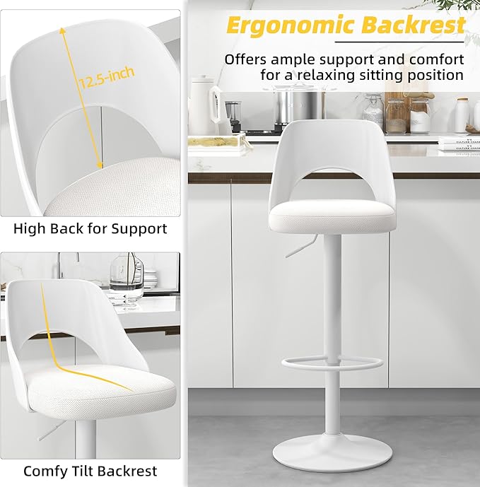 civama Bar Stools Set of 2 for Kitchen Counter, Seat Height Adjustable 25''-33'', Modern Upholstered Swivel Island Chairs with Hollow Backrest Metal Base, White