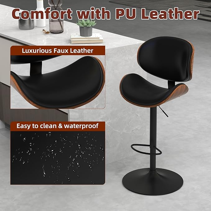 civama Bar Stools Set of 3 for Kitchen Counter, Adjustable Bar Height Chairs, Modern Swivel Barstools with Bentwood Seat and Back with Footrest, for Kitchen Island, Dining Room, Black PU Leather