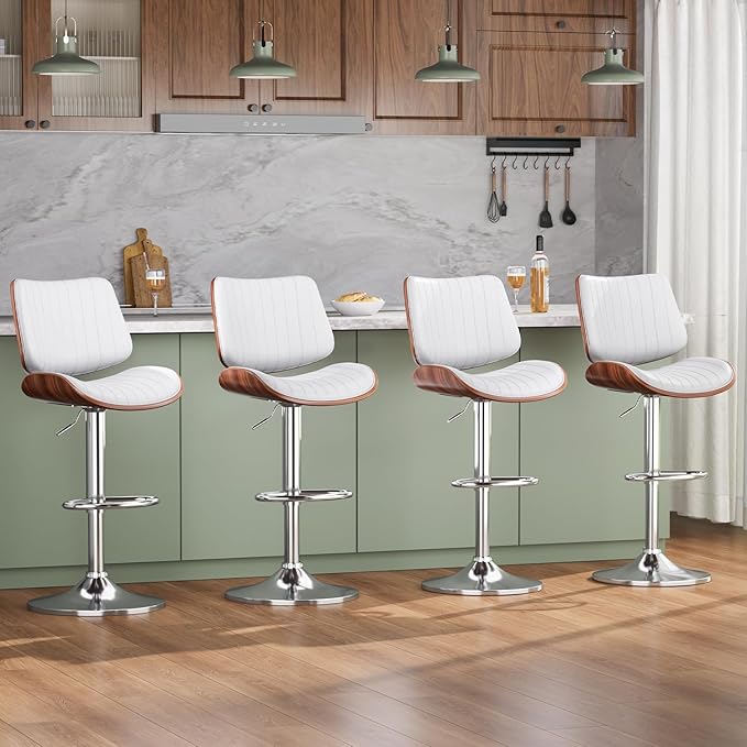 Swivel Bar Stools Set of 2, Adjustable Bentwood Barstools for Kitchen Counter, Modern PU Leather Upholstered Bar Chair with Back and Footrest, for Kitchen Island, Bar, Dining Room, Cafe, White