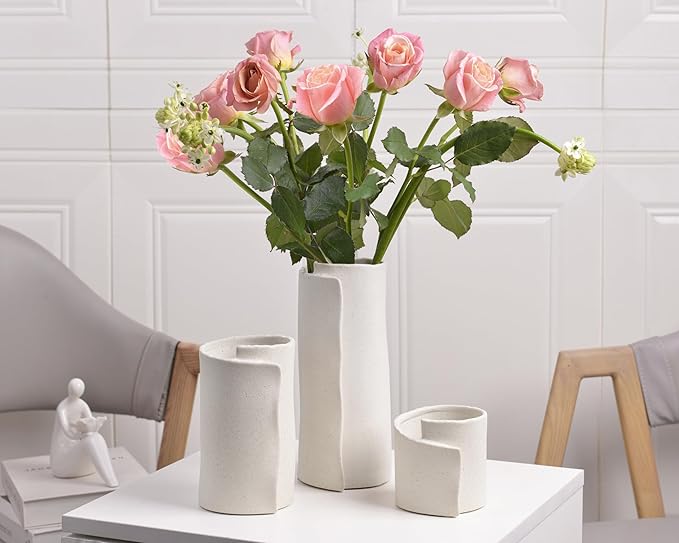 Pointnio White Ceramic Flower Vase Set of 3,Small Origami Flower Vases for Room Decor,Modern Boho Farmhouse Vase,Decorative Vases for Home Decor,Living Room, Kitchen, Bedroom, Bathroom