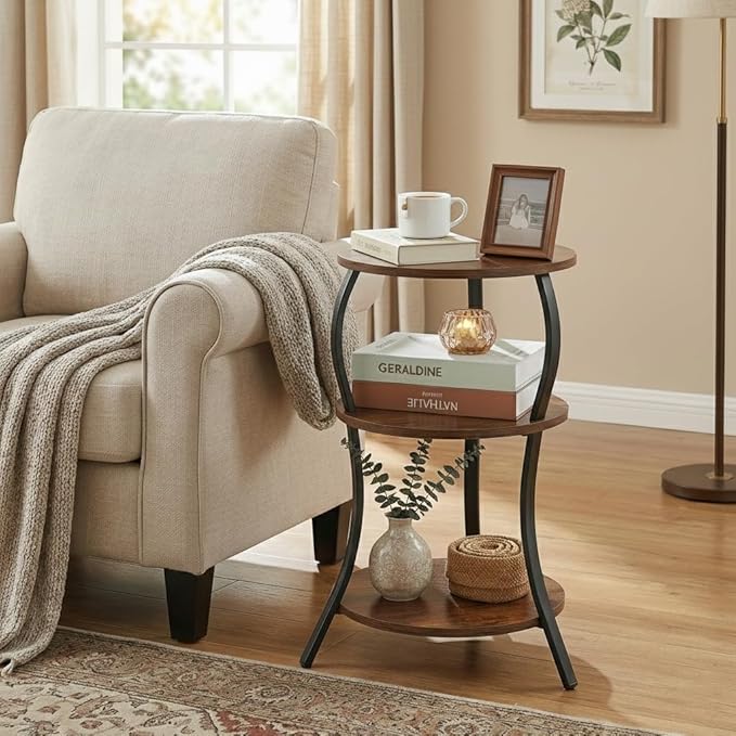Vintage Small Round Side Table, 3-Tier Slim Waist Circular End Table with Storage Shelf, Compact Tea Sofa Table, Round Corner Coffee Table Nightstand for Living Room Bedroom Small Spaces,Rustic Brown