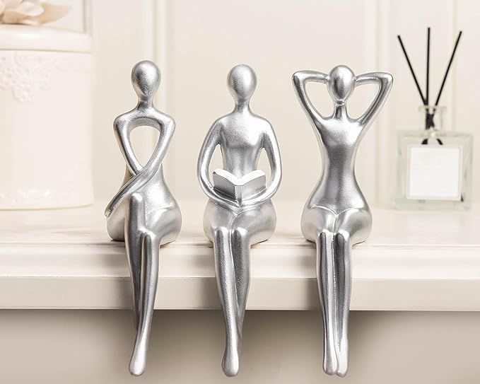 Quoowiit Thinker Statue Office Desk Decor, Silver Art Sculpture Ornament Coffee Table Bookshelf Decor Modern Home Unique Home Decorations for Living Room 3 Piece