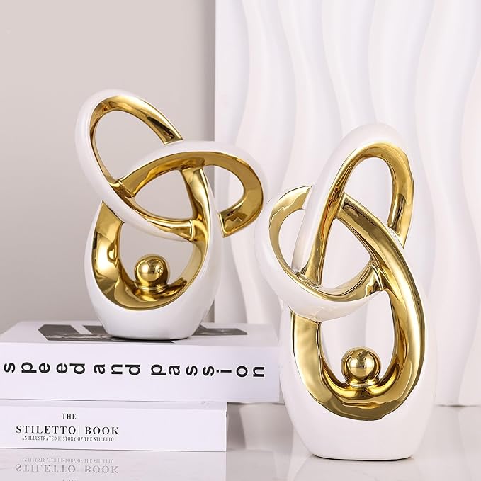 White Gold Modern Abstract Art Home Decor Accent,Statues Coffee Table Decor for Living Room,Table Centerpieces for Dining Room,Ceramic Sculptures and Gold Knick Knacks for TV Stand Decor