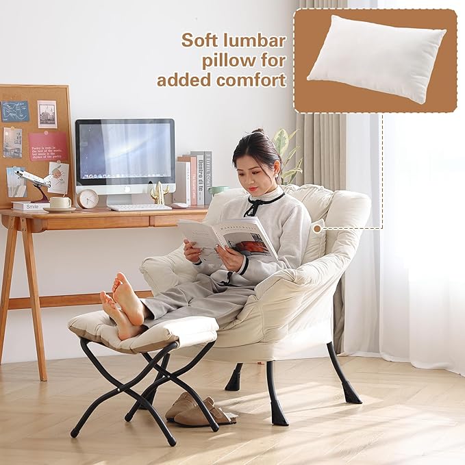 Lazy Chair with Ottoman, Modern Accent Chair with Lumbar Pillow, Comfy Chairs with Folding Footrest for Bedroom, Reading, Oversized Supportive Lounge Chairs(Velvet Beige)