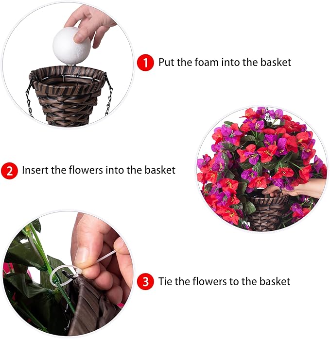 Artificial Bougainvillea Faux Flowers Plants Baskets for Outdoor Outside Decoration, 3PCS Fake Silk Flowers Long Trailing Vines UV Resistant Realistic for Front Door Porch Patio Balcony, PurpleRed