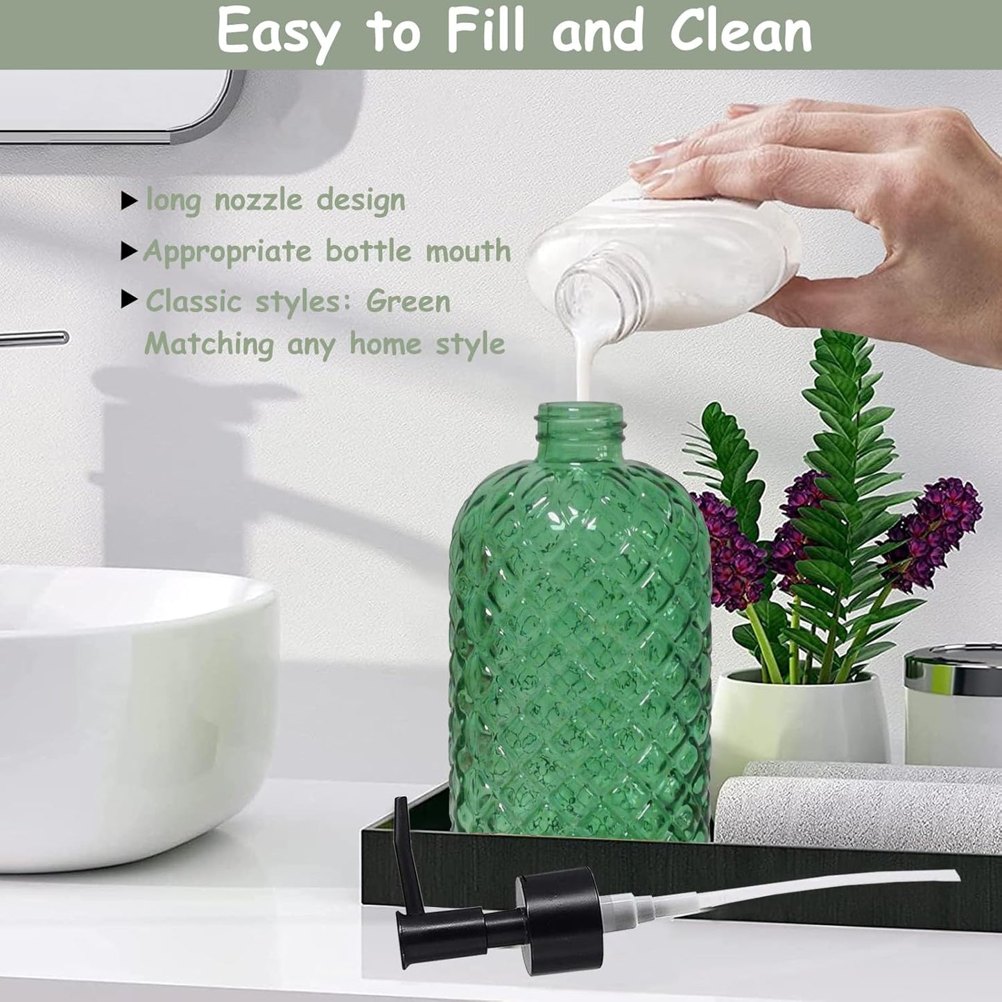 Green Glass Soap Dispenser with Black Pump, 13.5oz Liquid Hand Soap Dispenser Set, Dish Soap Lotion Dispenser for Modern Home Decor, Bathroom, Kitchen Countertop, Hotel(2 Pack)