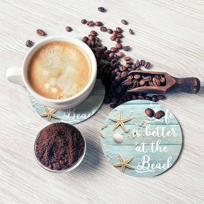 Life is Better at The Beach Drink Coaster for Tabletop Protection Summer Sand Sea Shells Starfishes Non-Slip Cups Place Mats Home Decor Diatomite Material for Men Women