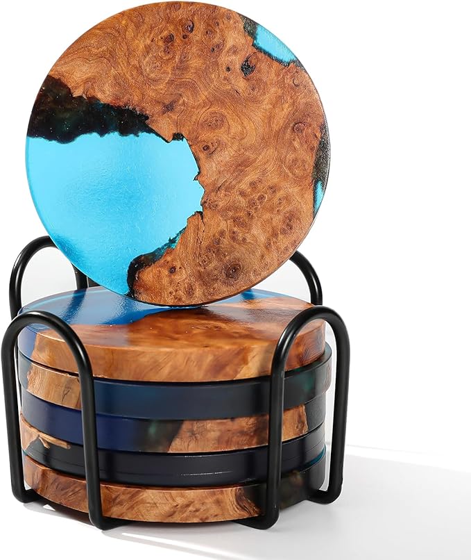 Drink Coaster Set, Wooden Coasters, Resin Coaster for Coffee Table, Tabletop Decorative Artwork, Unique, Handmade & Aesthetically Pleasing for Home, Office, Bar Decor,Coasters Set of 6 with Holder(6)