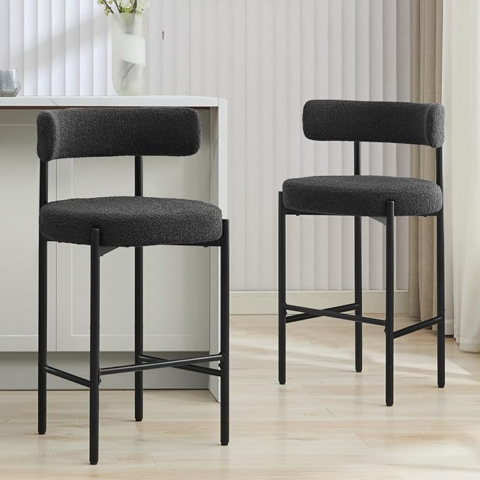 28'' Boucle Bar Stools Set of 2, Black Bar Stools with Backs, Counter Height Bar Height Stools for Kitchen Island, Upholstered Bar Chairs