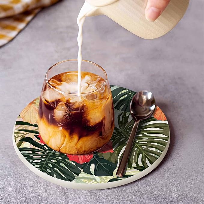 Tropical Plants Cup Coasters Set of 2 Leaf Hibiscus Flowers Foliage Palm Exotic Jungle Nature Botanical Wooden Table Apartment Decor 100% Diatomite for Drinking Glasses,4 Inches
