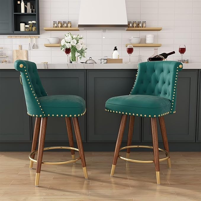 Counter Height Bar Stools, 360° Swivel Counter Stools Set of 2, Upholstered 24" Velvet Barstools with Back and Footrest for Kitchen Island, Seat Height, Solid Wood Legs, Fabric in Green