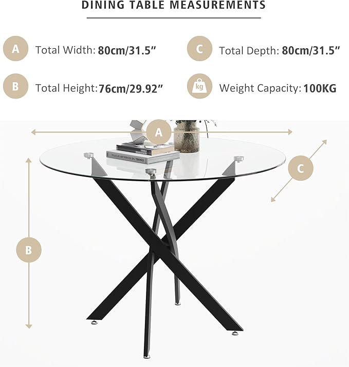 Round Glass Dining Table with Crossed Metal Legs, 31.5" Modern Glass Kitchen Table for Dining Room Kitchen, Black