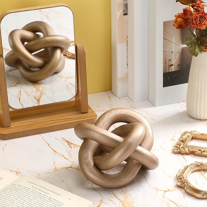 3 Link Wood Knot Decor - Hand Carved Coffee Table Decoration, Boho Chain Link Decor, Modern Shelf, Rustic Objects for Home Living Room Bedroom(Champagne)