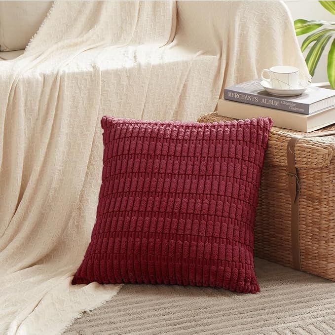 Fancy Homi 4 Packs Burgundy Decorative Throw Pillow Covers 26x26 Inch for Living Room Couch Bed, Holiday Christmas Home Decor Gift, Soft Plush Corduroy Cute Square Accent Cushion Case 66x66 cm