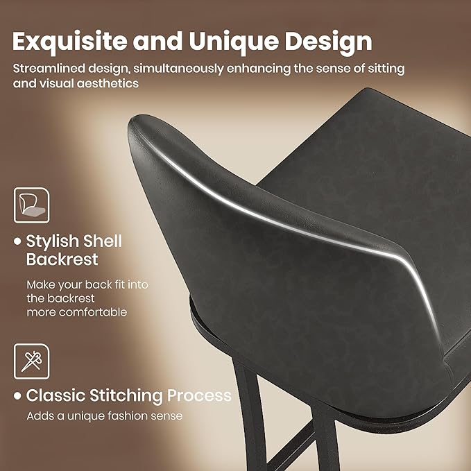 PHI VILLA Dark Grey Bar Stools Set of 4, Faux Leather Counter Height Chairs, Kitchen Stools for Island, 24 Inch Barstools with Back