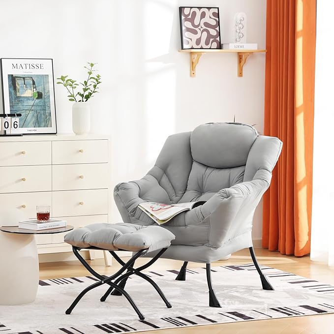 Cozy Lazy Chair and Ottoman, Large Contemporary Accent Lounge Chair Set, Leisure Upholstered Reading Armchair for Bedroom, Living Room, Dorm Rooms, Office