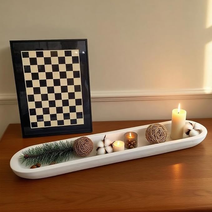 Wooden Dough Bowl Decor, Vintage Wooden Bowl Hand Carved Home Decor for Dining Table Center, Living Room, Kitchen Decor. (30inch white)