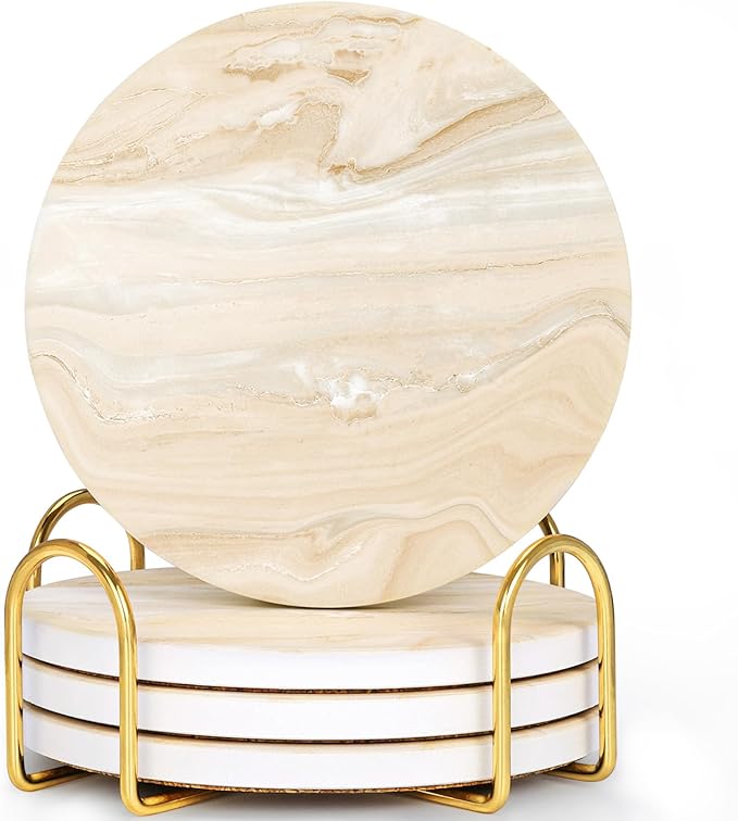 GOH DODD Coasters for Drinks Set of 4, Absorbent Marble Style Ceramic Coaster Cup Coasters Tabletop Protection Home Decor with Metal Holder for Housewarming Gifts Wedding Party, Beige, Round, 4 Inch