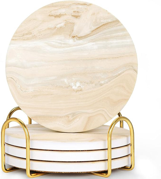 GOH DODD Coasters for Drinks Set of 4, Absorbent Marble Style Ceramic Coaster Cup Coasters Tabletop Protection Home Decor with Metal Holder for Housewarming Gifts Wedding Party, Beige, Round, 4 Inch