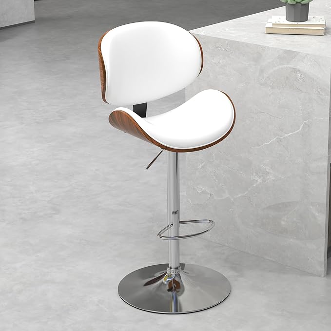 civama White Bar Stools Set of 3 for Kitchen Counter, Adjustable Bar Height Chairs, Modern Swivel Barstools with Bentwood Seat and Back with Footrest for Kitchen Island, Dining Room, White PU Leather