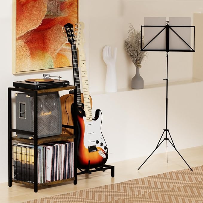 End Table with Guitar Stand,Record Player Stand,Vinyl Records Storage,2-Tier Guitar Stand for Acoustic,Turntable Stand for Music Studio-Brown