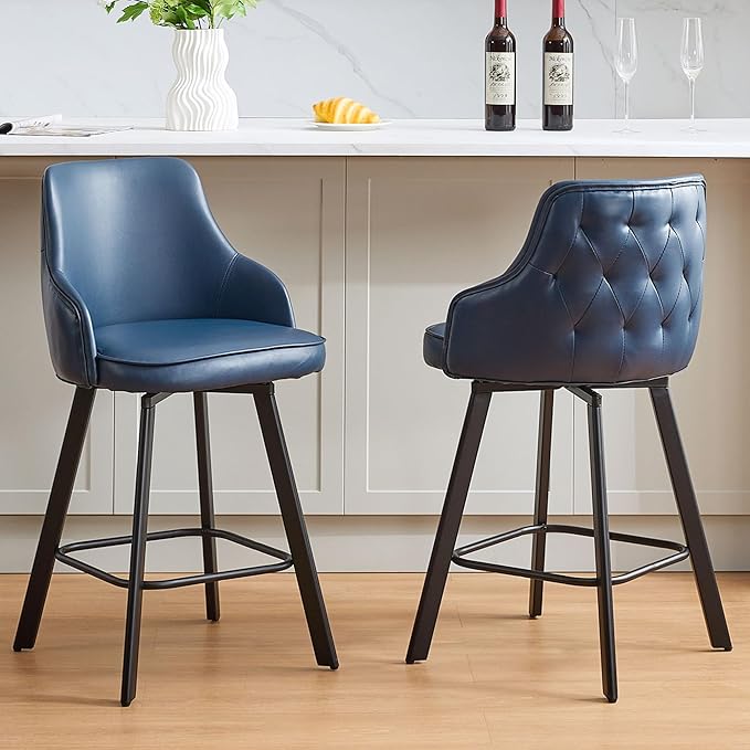Bar Stools Set of 2, 26" Swivel Counter Height Bar stools with High Back, Faux Leather Kitchen Barstools Counter Height for Kitchen Island (Navy Blue, 2PCS 26" Counter Stools)