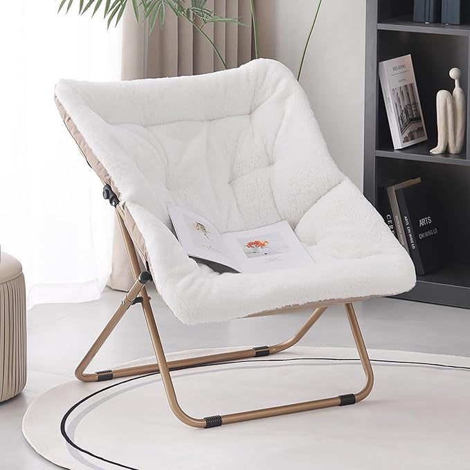 Saucer Chair, Comfy Bedroom Chairs, Oversized Folding Faux Fur Chair, Foldable Metal Frame Chair for Bedroom, Study, Playroom (White)