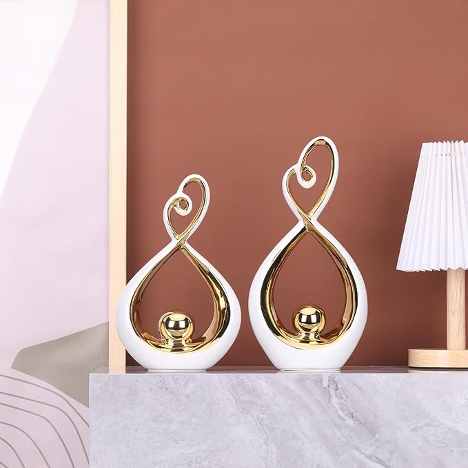 White Decor Accent, Porcelain Art Mid Century Modern White and Gold Decorations, Dining Table Objects, Abstract Ceramic Statue Sculpture - for Bookshelf Tv Stand Centerpiece Centro De Mesa