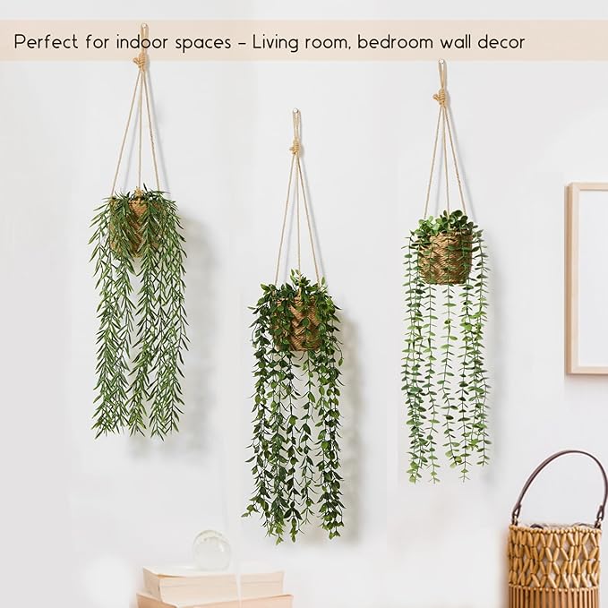 3 Pack Artificial Hanging Plants in Boho Handwoven Baskets for Living Room, Bedroom, Bathroom Wall Shelf Decor