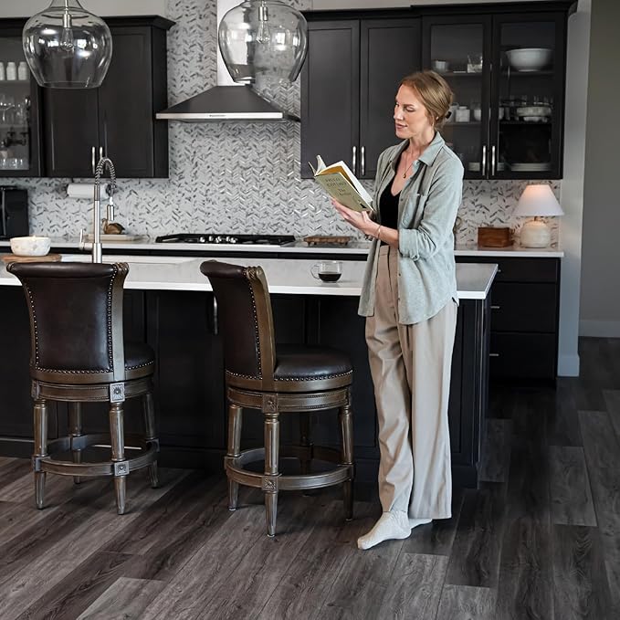 Maven Lane Pullman Counter Stool 26 Inches – Set of 3 – Swivel Stools with Footrest – Brown Solid Wood Frame & Beige Faux Leather Upholstery – Perfect for Kitchen Islands & Counters