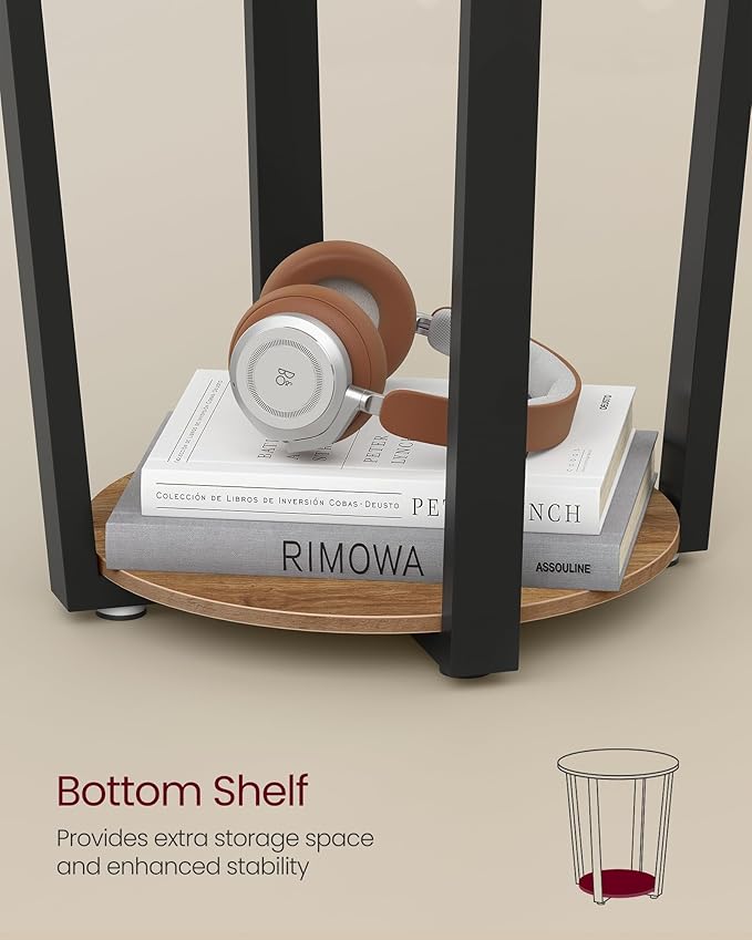 VASAGLE Round Side End Table, 2-Tier Accent Bedside Table with Storage Shelf, Easy Assembly, Nightstand for Small Spaces, Living Room, Bedroom, Honey Brown and Ink Black ULET057KB01S