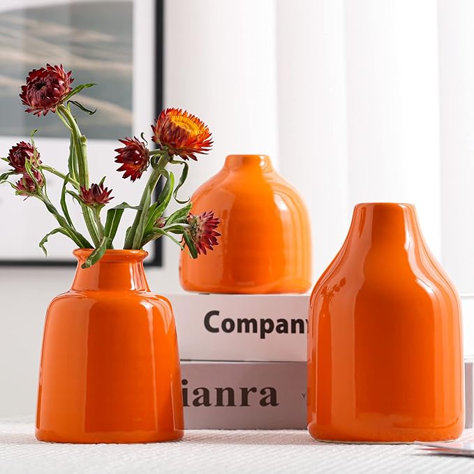 Small Vase Set of 3 for Modern Home Decor,Ceramic Vases for Centerpieces Flower Vases for Living Room Wedding/Dinner Table/Party -Orange