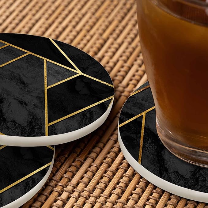 Modern Stylish Geometric Drink Coaster for Tabletop Protection Black Triangle Patchwork Collage Gold Line Luxury Polygon Non-Slip Cups Place Mats Home Decor Diatomite Material for Men Women
