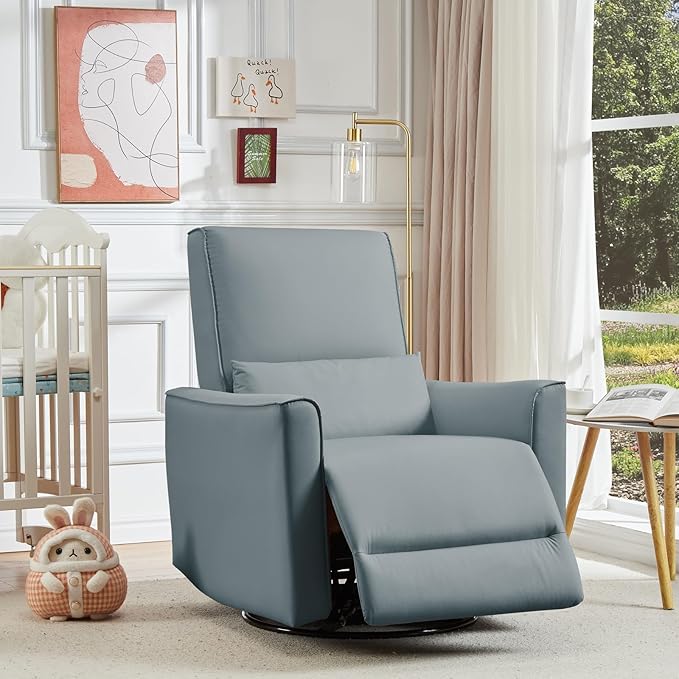 GarveeHome Recliner Chair, 360° Swivel Rocker Glider Nursery Chair with Padded Armrest and Deep Seat, PU Leather Upholstered Reclining Sofa Chair for Living Room, Bedroom and Nursery (Gray)