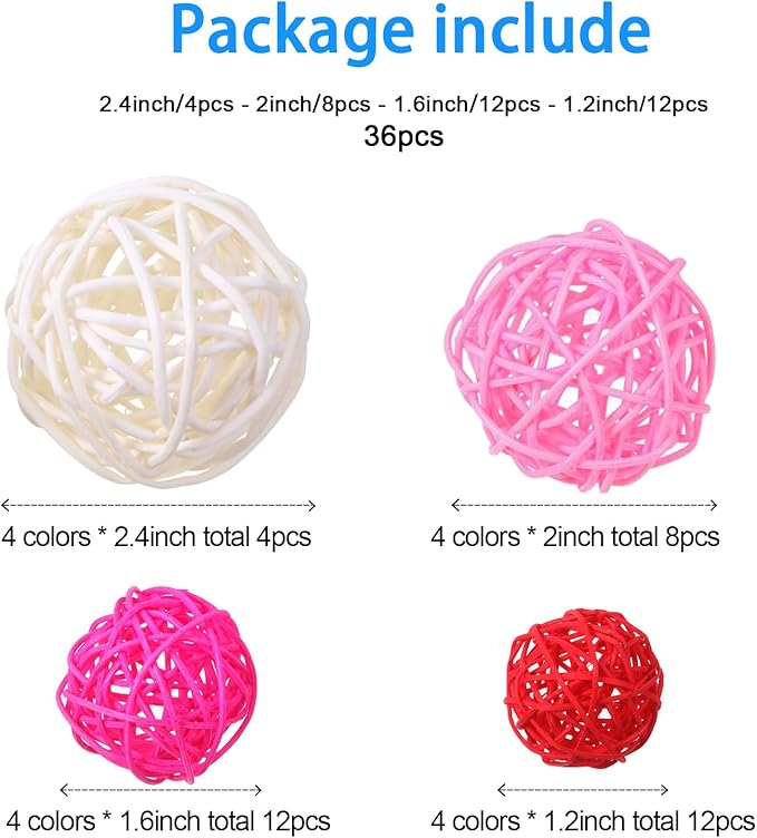 Patelai 36 Pcs Wicker Rattan Balls Decorative Balls for Vase Centerpiece Bowls Orbs Filler for Home Decor,4 Sizes(White, Pink, Rose, Red)