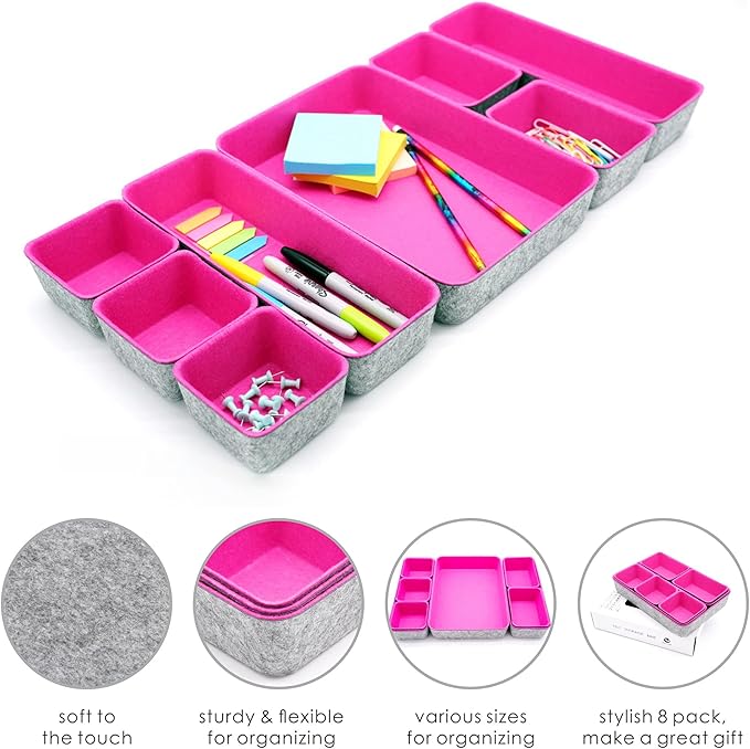 Welaxy desk drawer organizers tray for office suppliers entryway catchall key holder makeup crafts pens decluttering 8-piece fall gift (‎hot pink)